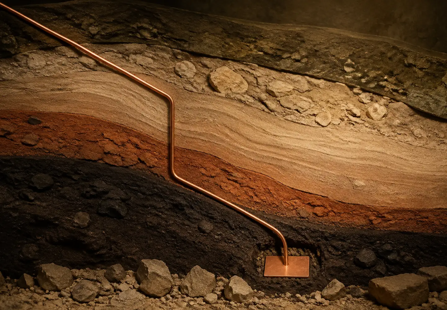 Corte estratificado del terreno atravesado por un conductor de cobre que termina en una placa de puesta a tierra